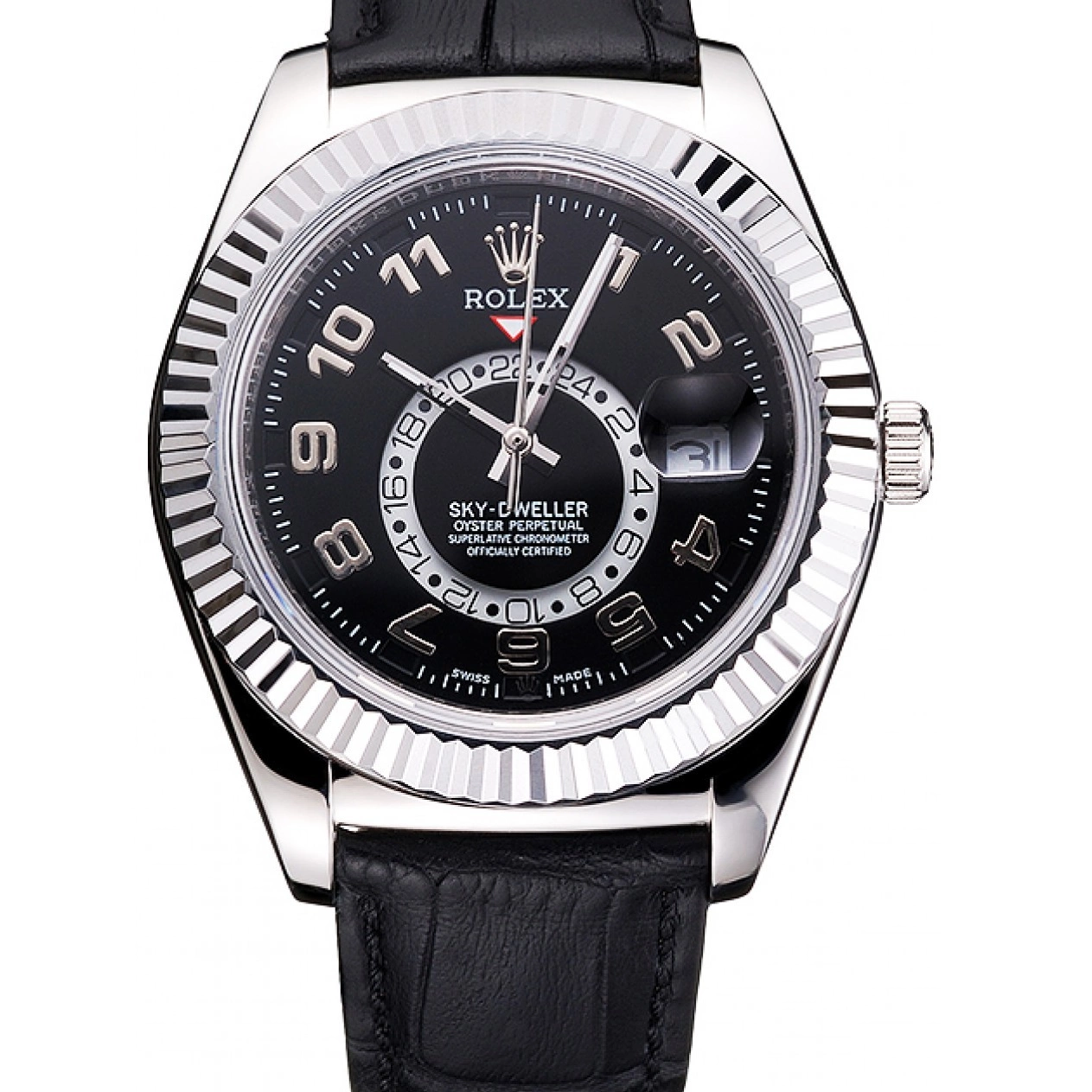 Aaa fake watches Dweller Leather Strap Black Rolex Sky Steel Dial Case Black Stainless 0624
